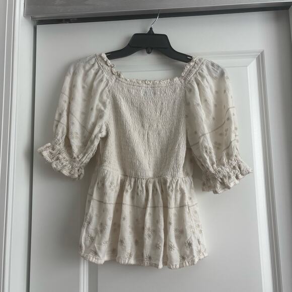 Old Navy Puff Sleeve Smocked Prairie Cottage Milkmaid Embroidered Babydoll Top - Picture 3 of 8